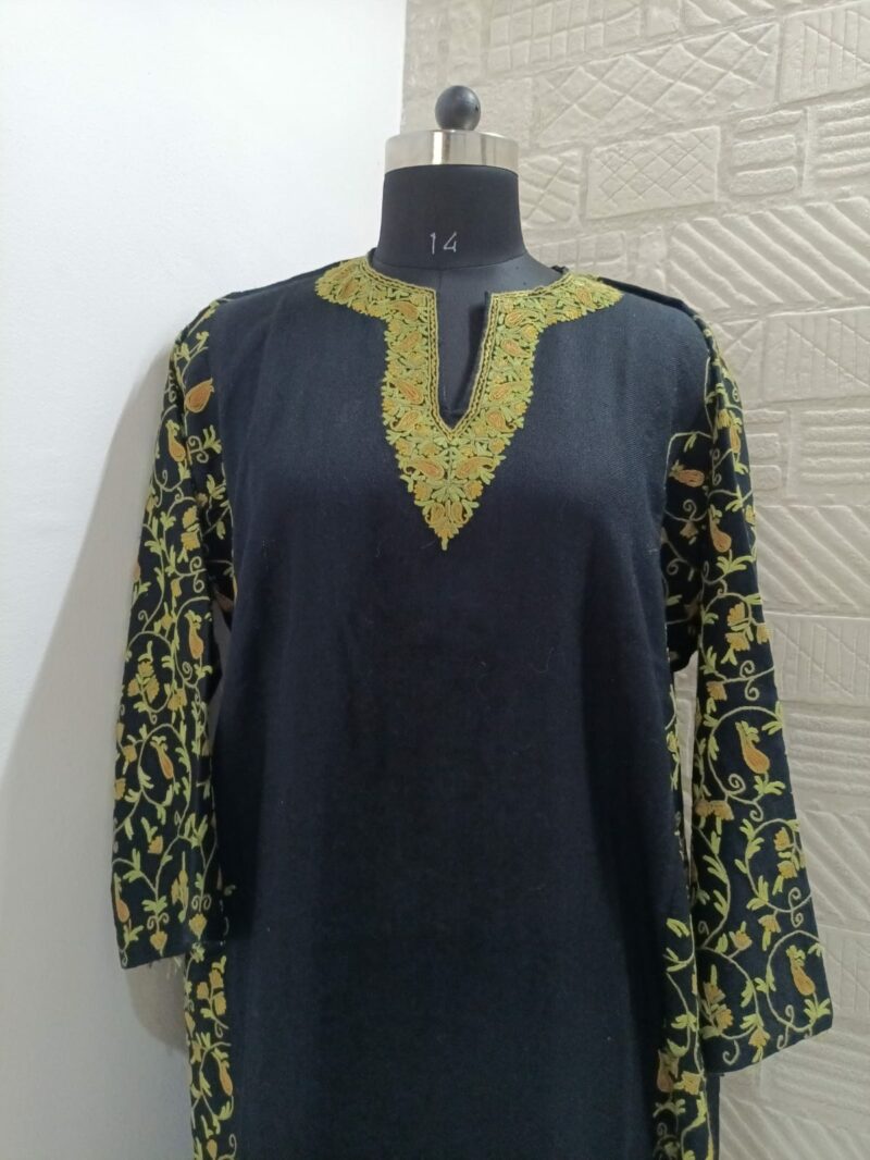 black pure raffal pheran with yellow hand aari embroidery 2