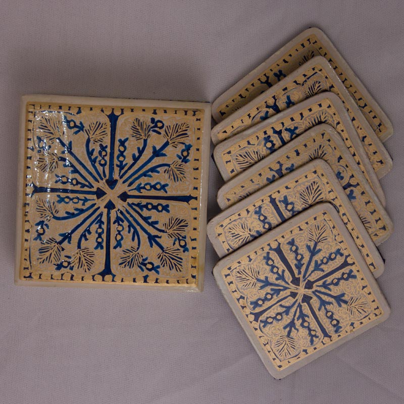 cream and blue handcrafted square tea coaster set 6pcs 1