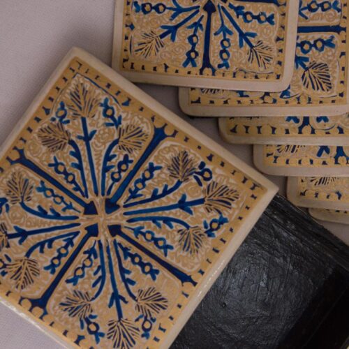 cream and blue handcrafted square tea coaster set 6pcs 2