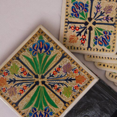 cream floral design handcrafted square coaster set 3