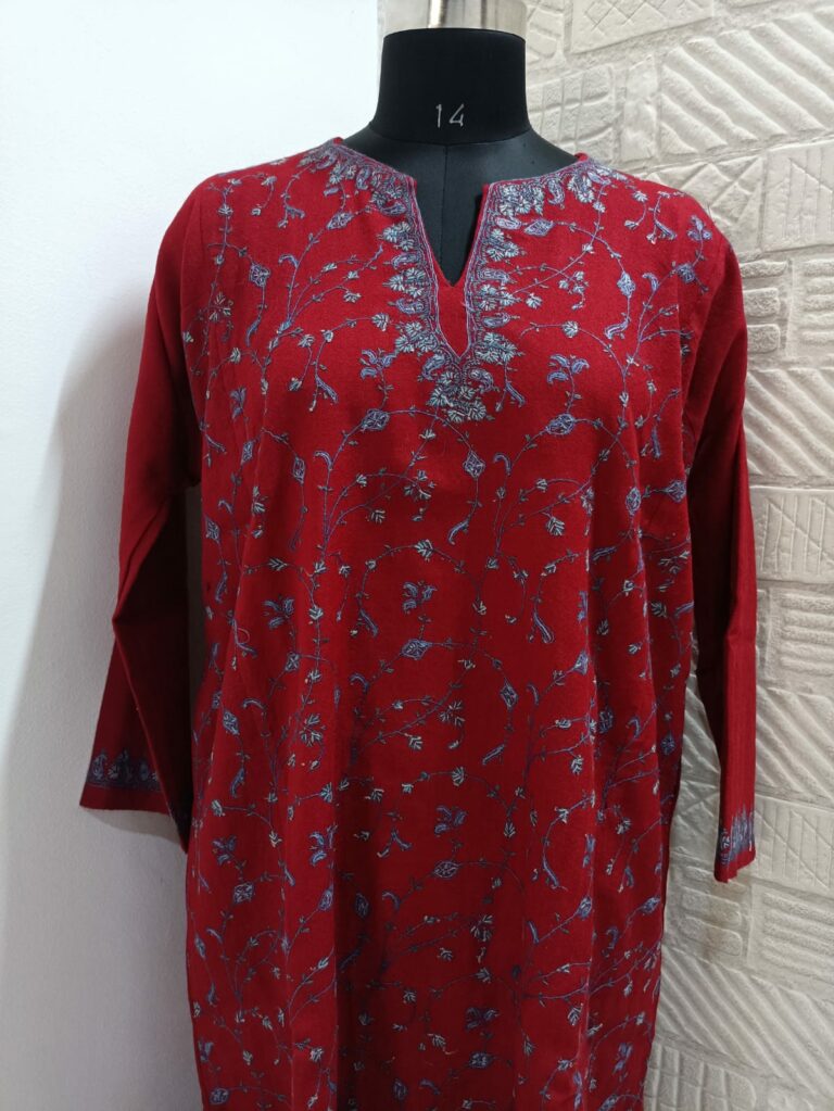 dark red raffal pheran with hand sozni work 1