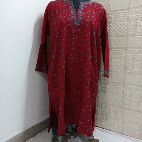 dark red raffal pheran with hand sozni work 2