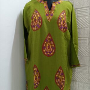 green pure raffal pheran with hand aari embroidery 1