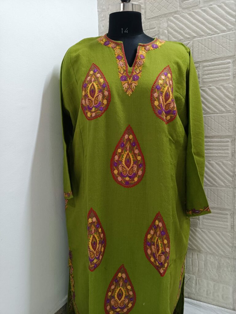 green pure raffal pheran with hand aari embroidery 1