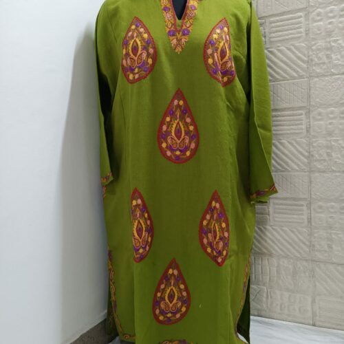 green pure raffal pheran with hand aari embroidery 2