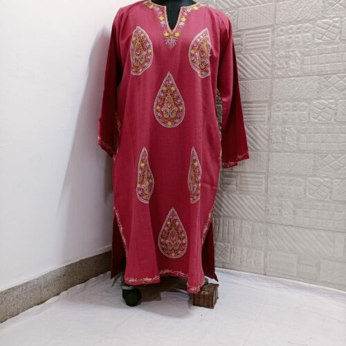 pink pure raffal pheran with hand aari embroidery 1