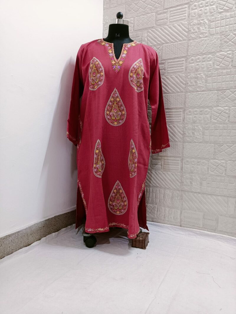 pink pure raffal pheran with hand aari embroidery 1