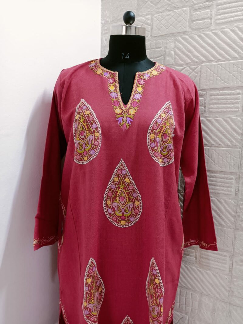pink pure raffal pheran with hand aari embroidery 2