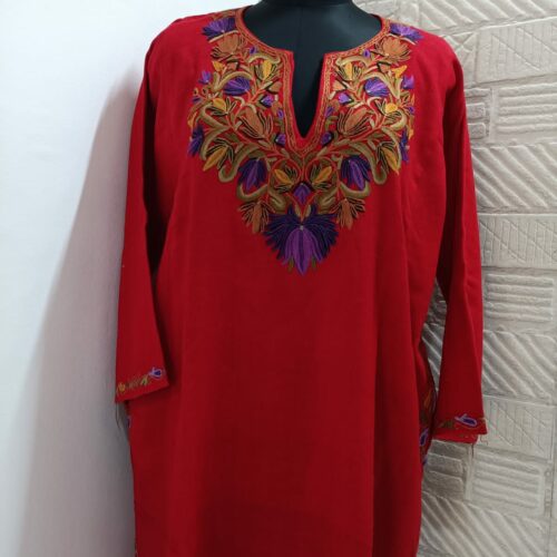 rich red pure raffal pheran with hand aari embroidery 1