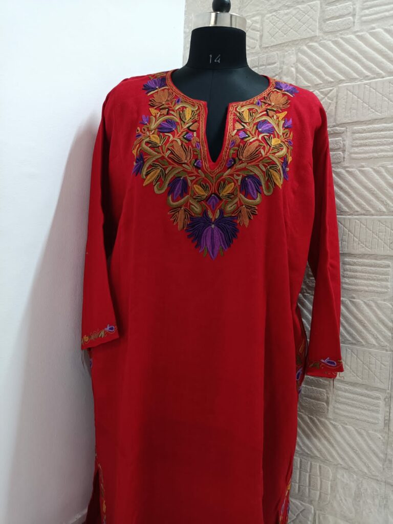 rich red pure raffal pheran with hand aari embroidery 1