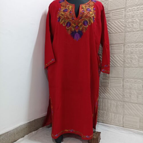 rich red pure raffal pheran with hand aari embroidery 2