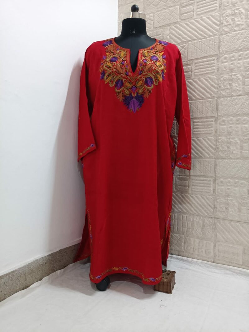 rich red pure raffal pheran with hand aari embroidery 2
