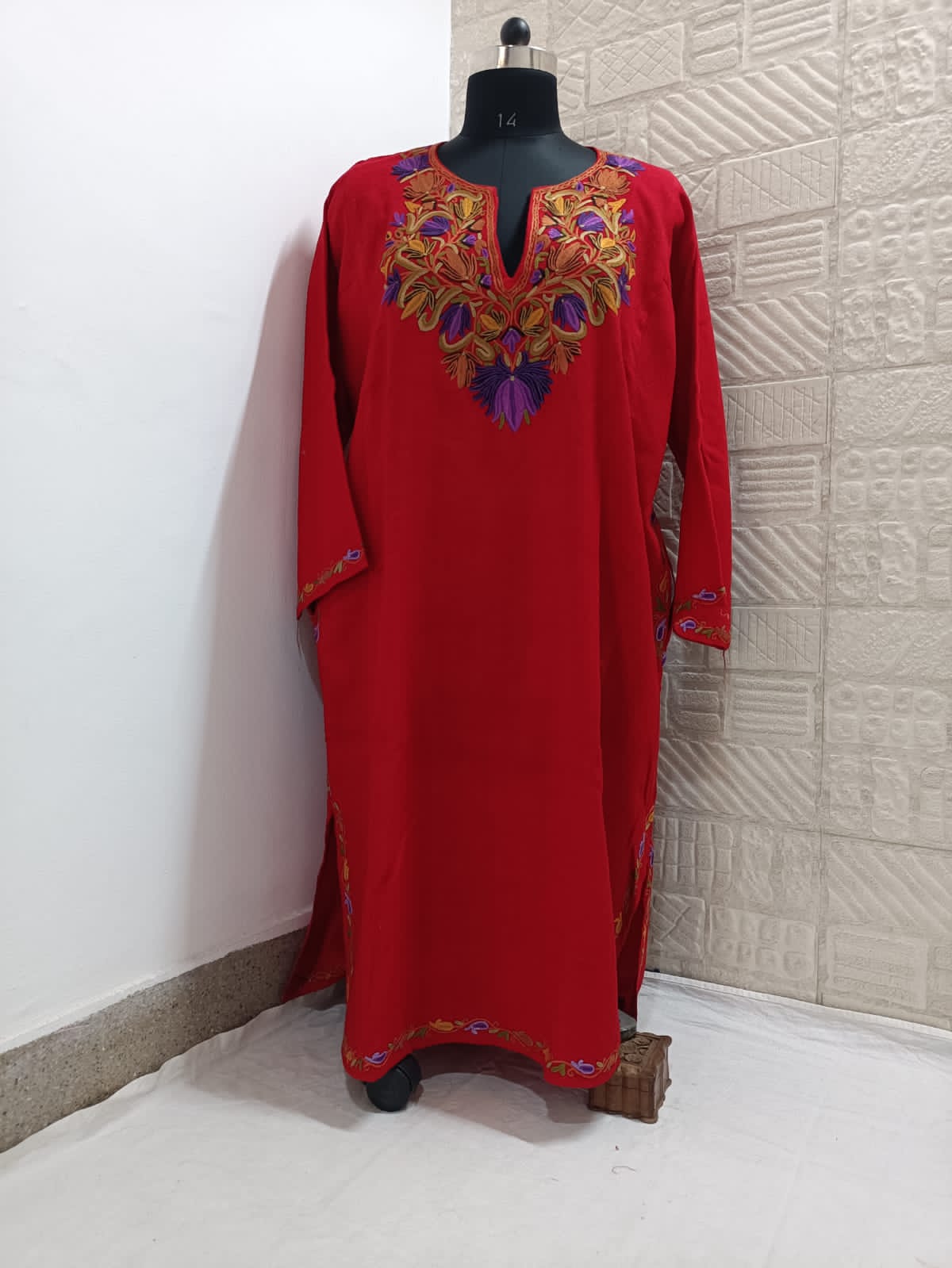 Tomato Red Pure Raffal Pheran With Colourful Hand Aari Embroidery - Gyawun