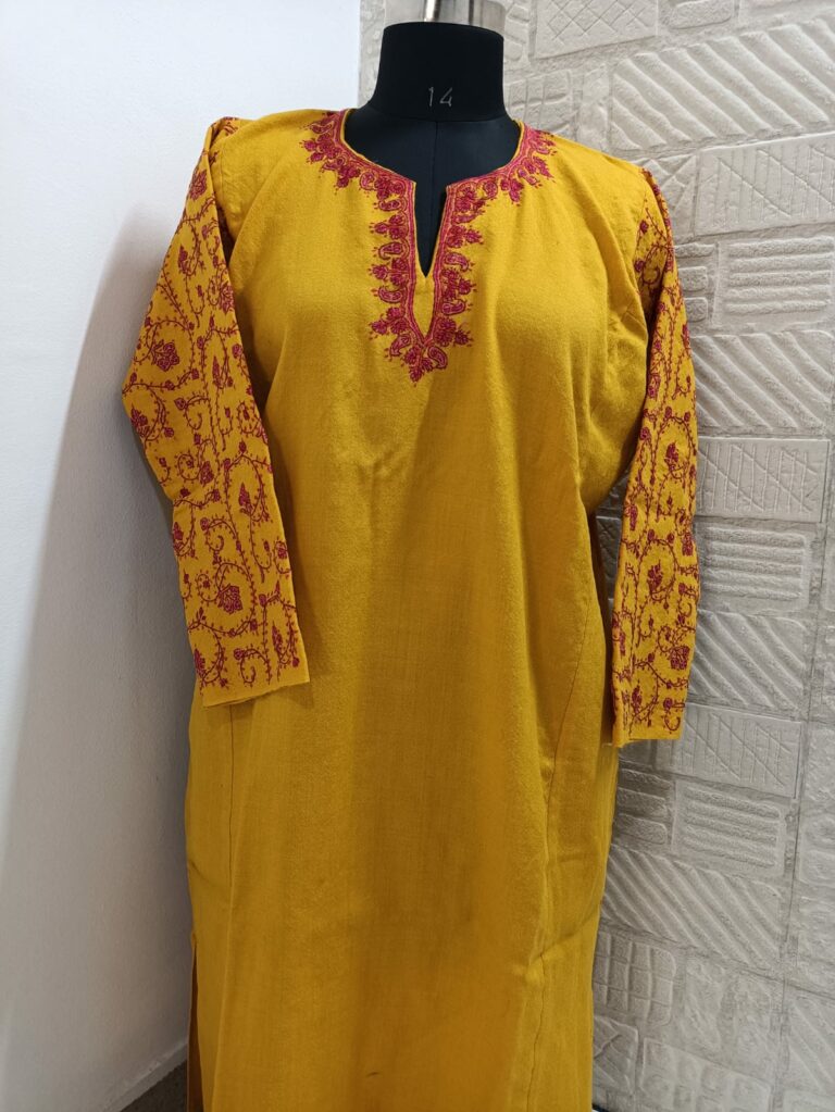 yellow raffal pheran with hand sozni work 1