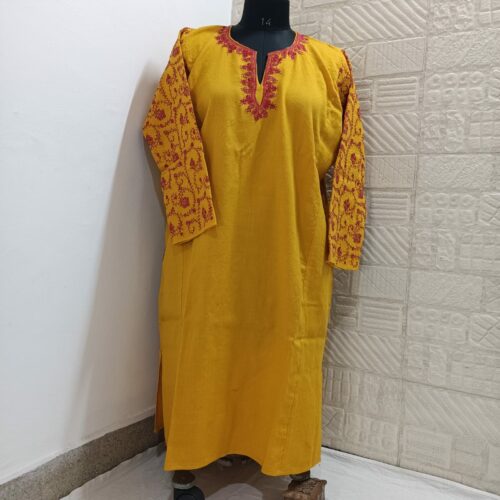 yellow raffal pheran with hand sozni work 2