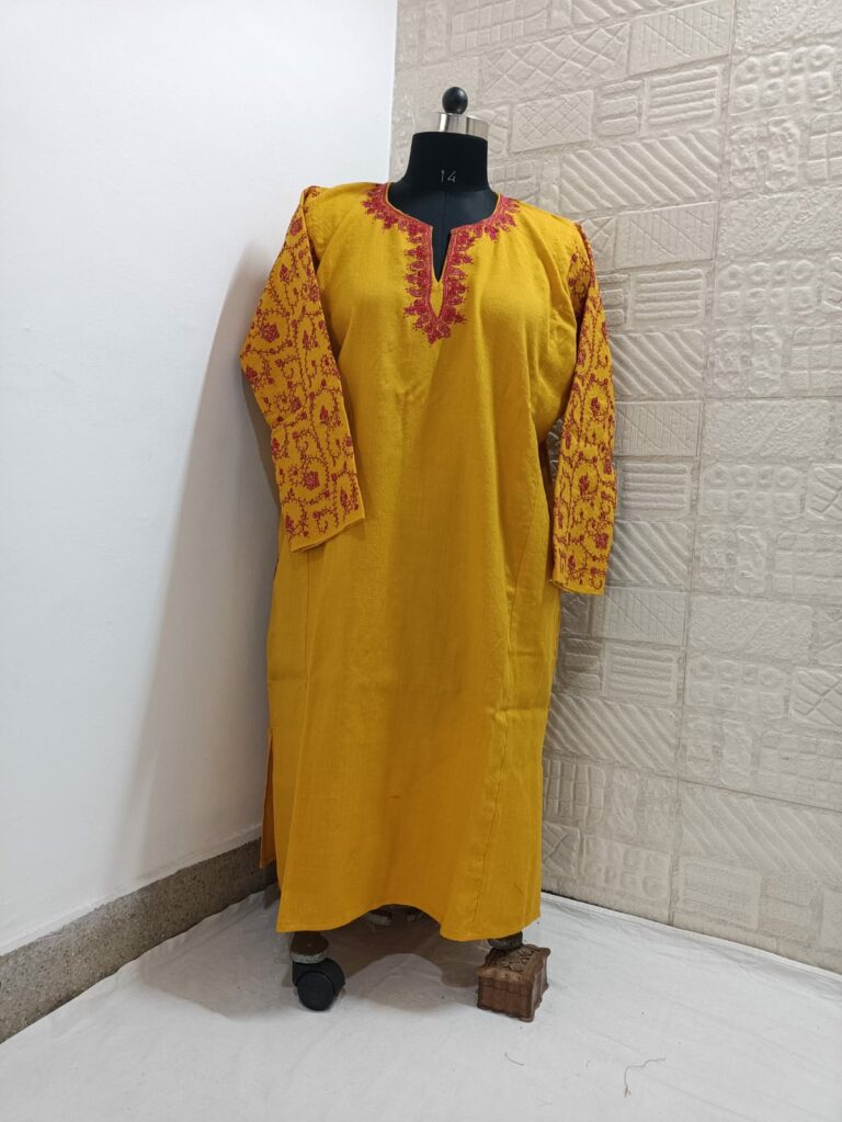 yellow raffal pheran with hand sozni work 2