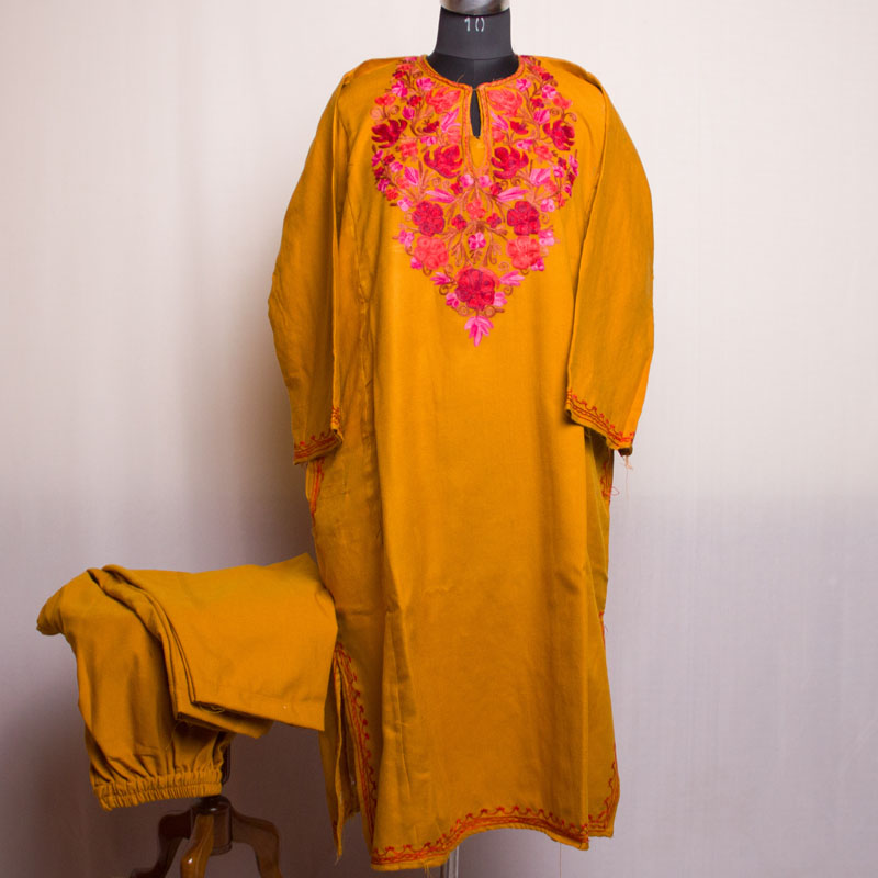 Pretty Mustard Cashmilon Aari Pheran with Pant - Gyawun