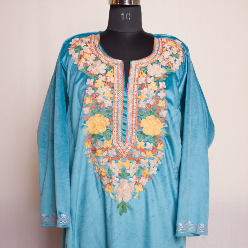 Sky Blue Velvet Aari Pheran II - Gyawun