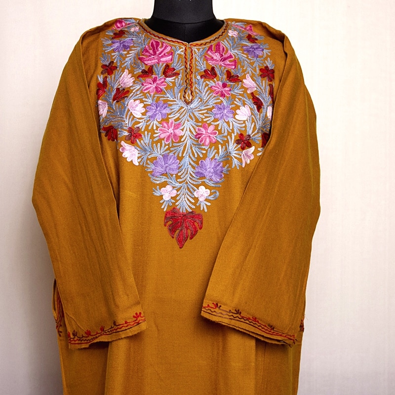 Mustard Cashmilon Pheran with Floral Aari Work - Gyawun