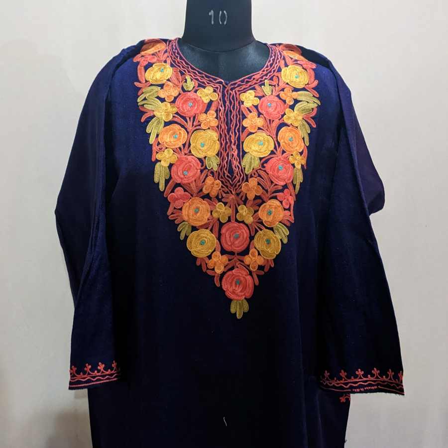 Dark Blue Floral Aari Cashmilon Pheran - Gyawun