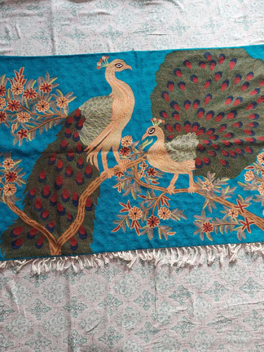5x3 Wool Hand Embroidered Peacock Wall-Hanging