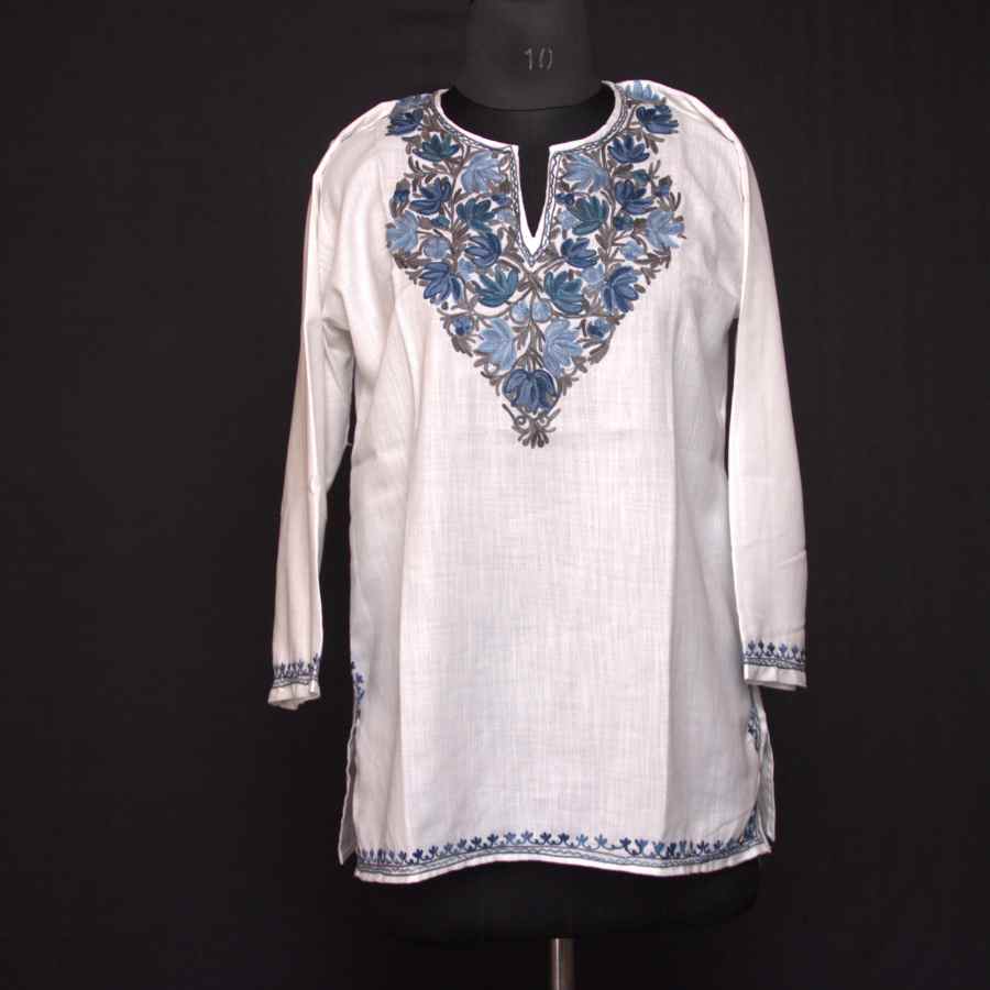 White-Smoke Short Kurti from Kashmir with Aari Hand-Embroidery | Exotic  India Art