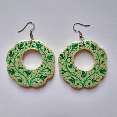 golden flower shape green chinar paper mache earrings 1