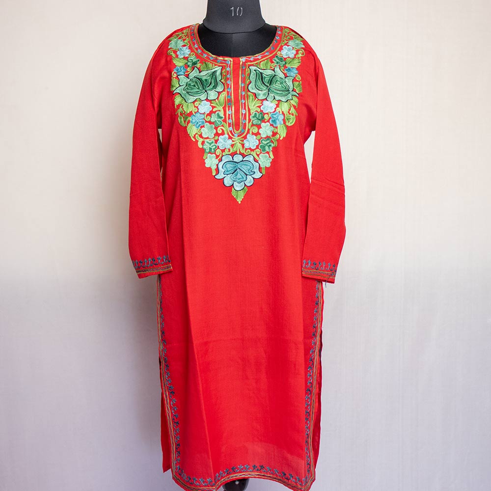 Premium Red Tribal Motif Aari Embroidered Handloom Cotton Shawl/Dupatta With Lemon Cotton Lace _MF1603 main image 0