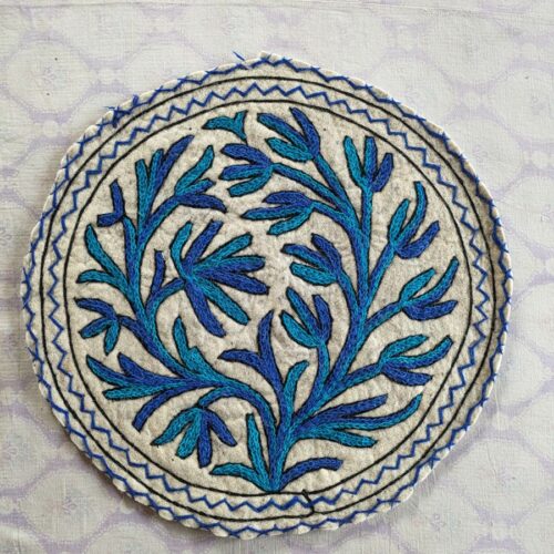 Beautiful 2 Ft Round Blue Handmade Wool Namda Rug