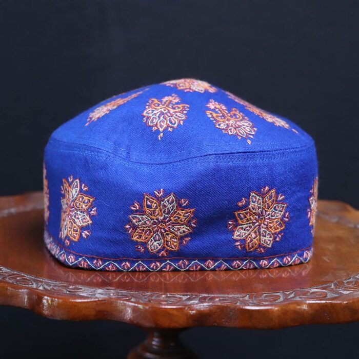 blue pashmina sozni embroidery cap
