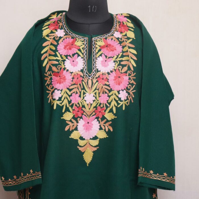 Green Floral Cashmilon Pheran with Aari Embroidery - Gyawun