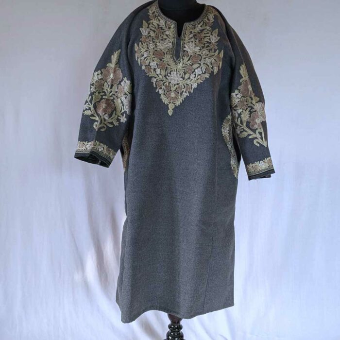 Brown - Handwoven Aari Hand Embroidered Kashmiri Merino Wool Pheran 02