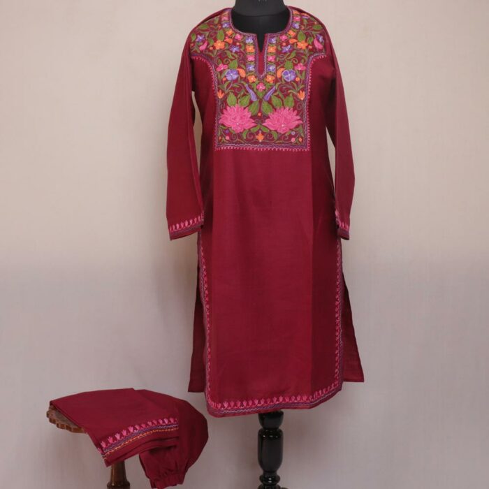 Maroon Premium Woolen Heavy Kashmiri Embroidered Coord set main image 0