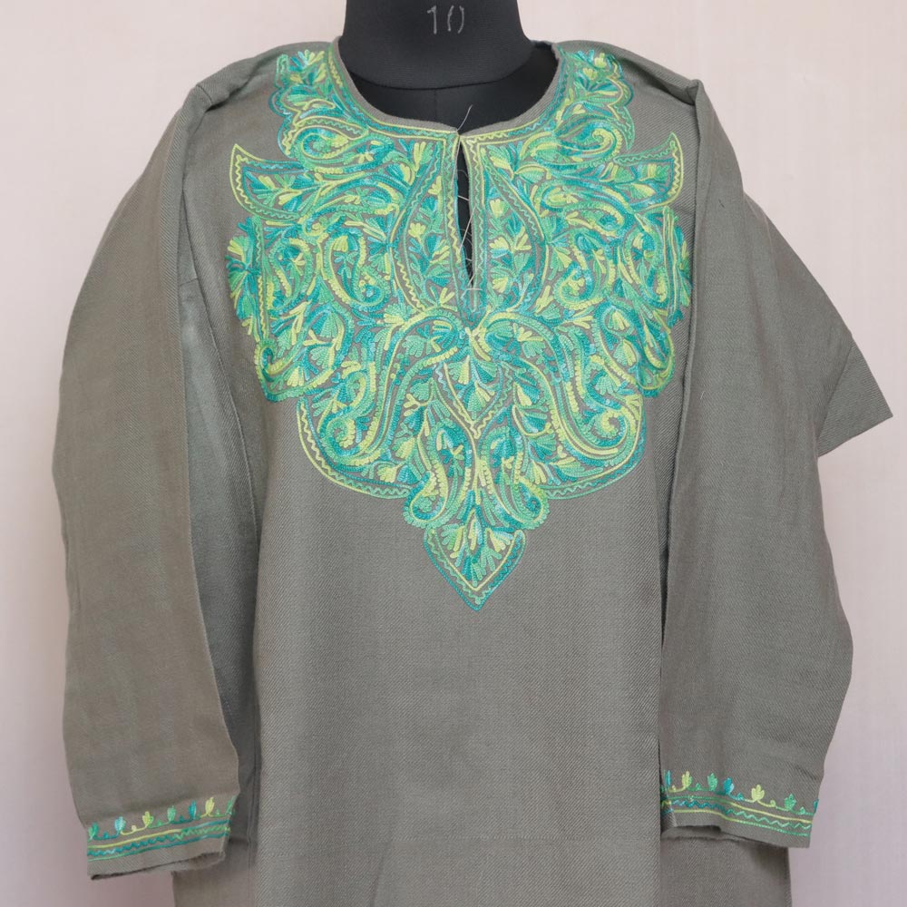 Kashmiri Woolen Pheran with Traditional Aari Embroidery - Grey
