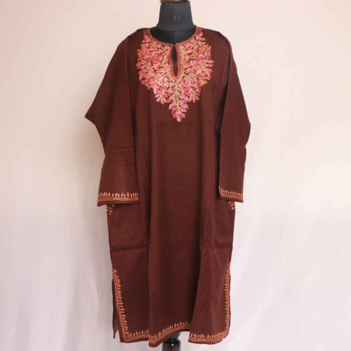Warm Grey Kashmiri Sozni Embroidery Phiran-Free Size main image 1