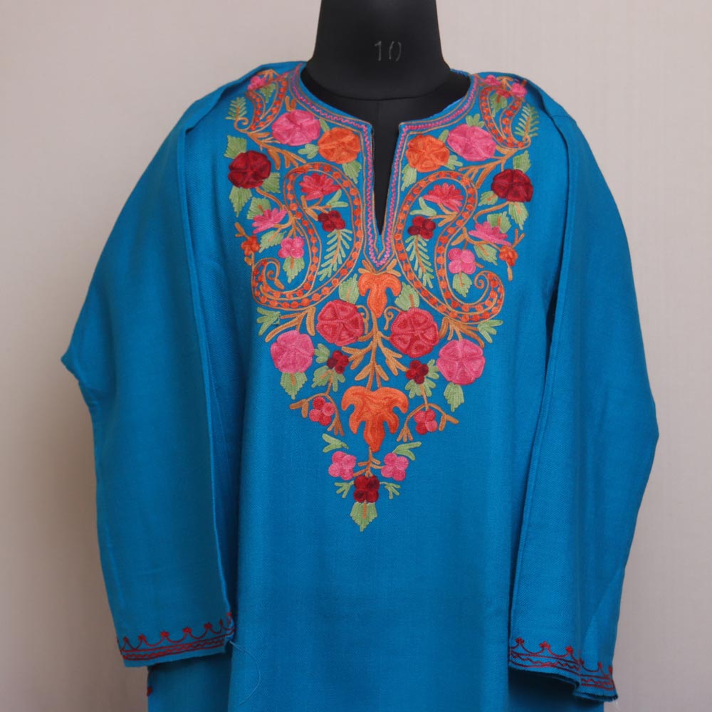 Blue - Handwoven Aari Hand Embroidered Kashmiri Pure Wool Pheran 11