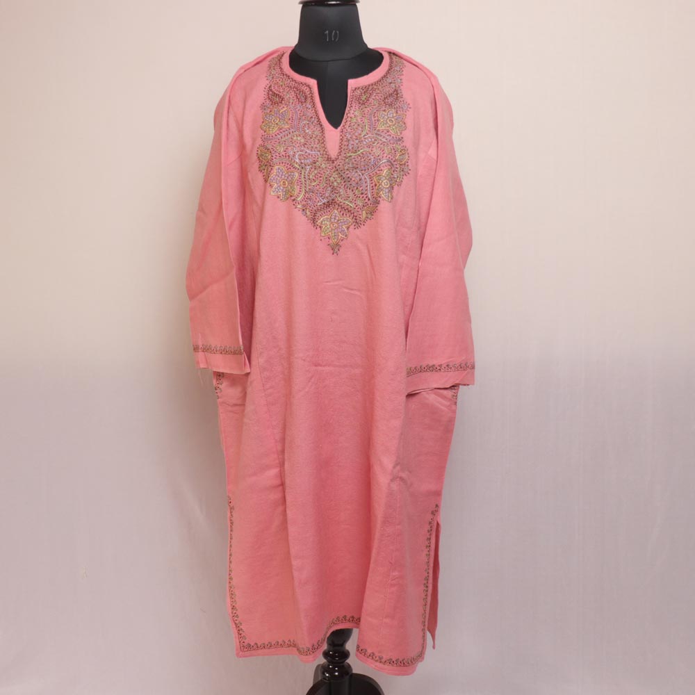 Brown - Sozni Hand Embroidered Kashmiri Merino Wool Pheran 57