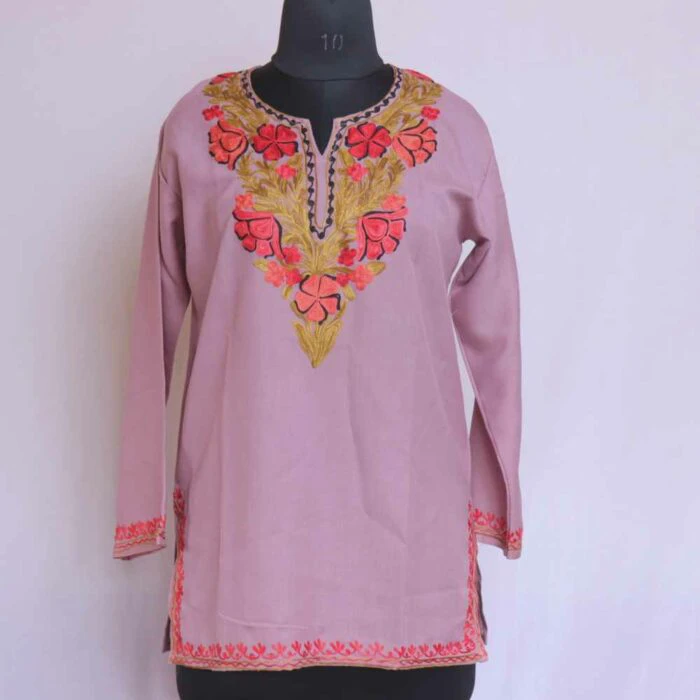 French-Blue Kurti from Kashmir with Hand Embroidered Flowers | Exotic India  Art
