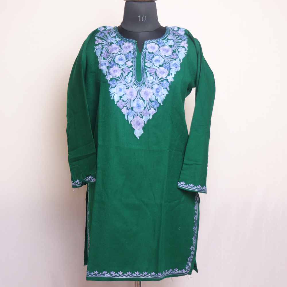 Green Kashmiri Woolen Suit With Beautiful Red Aari Work - Gyawun