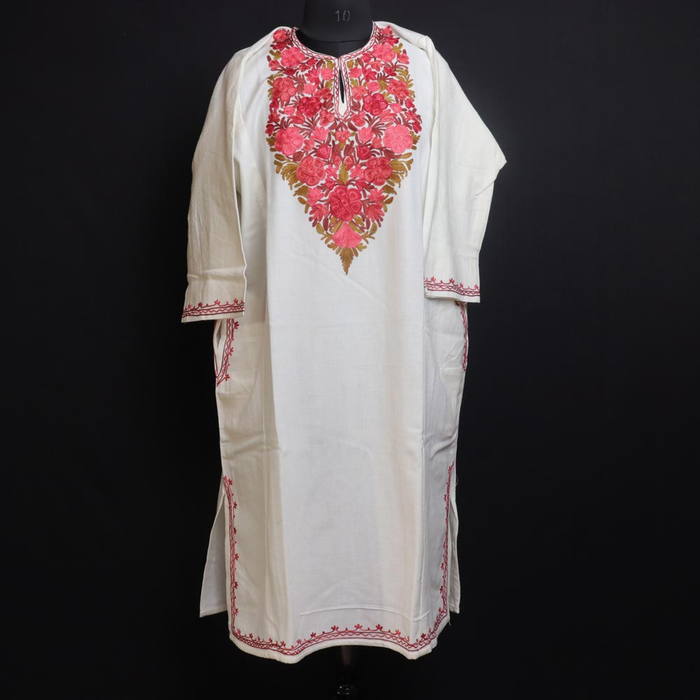 Red - Handwoven Aari Hand Embroidered Kashmiri Pure Wool Pheran 03