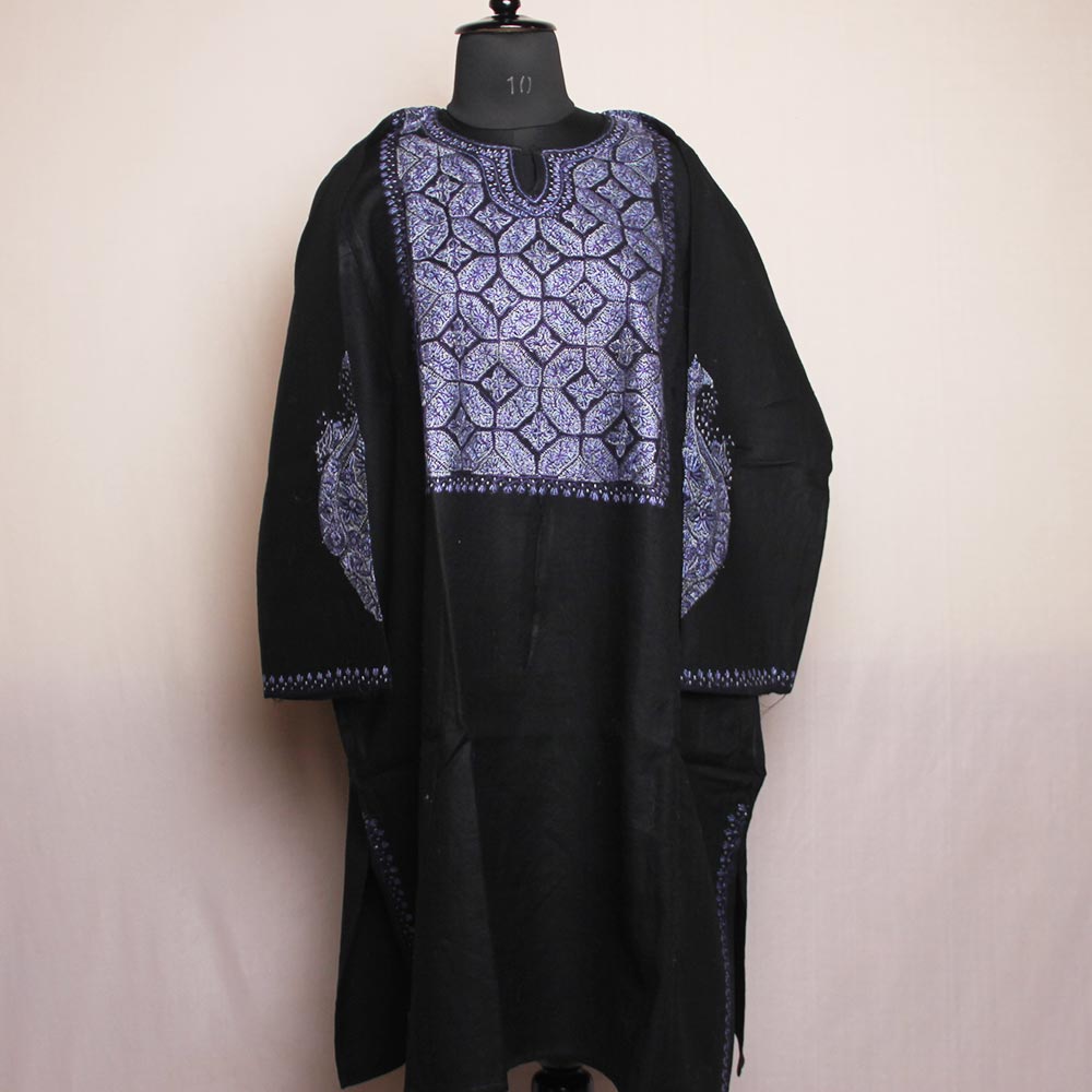Beige - 3pc Kashmiri Merino Wool Unstitched Heavy Sozni Hand Embroidery Dress Material 09