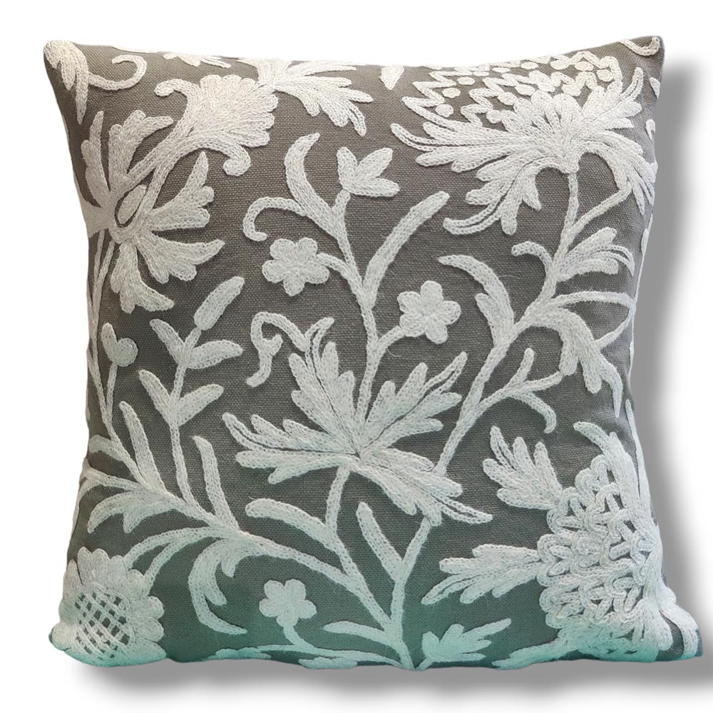 Red - Wool Thread Crewel Hand Embroidery Cushion Cover (18 x 18 in) 14