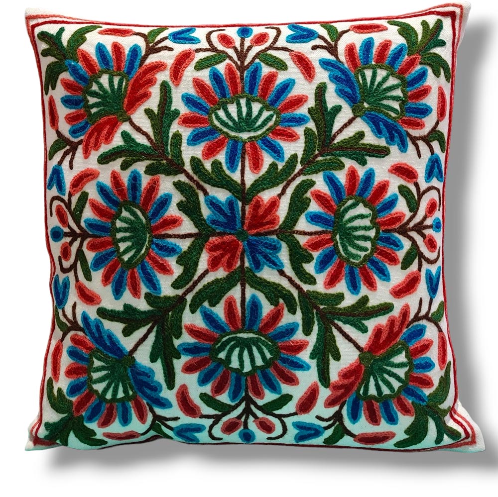 Beige - Silk Thread Crewel Hand Embroidery Cushion Cover (16 x 16 in) 11