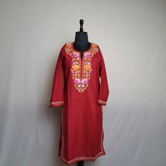 Afia Lucknowi Chikankari Kashmiri style White cotton knee length Kurti with  Multicolor thread hand embroidery