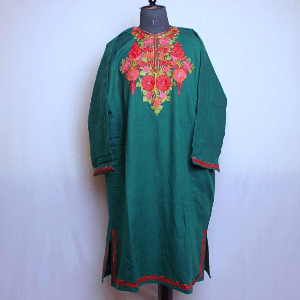 Kashmiri Pheran Dress Bottle Green Inaya With Aari Embroidery Gyawun find-your-size-my-curves