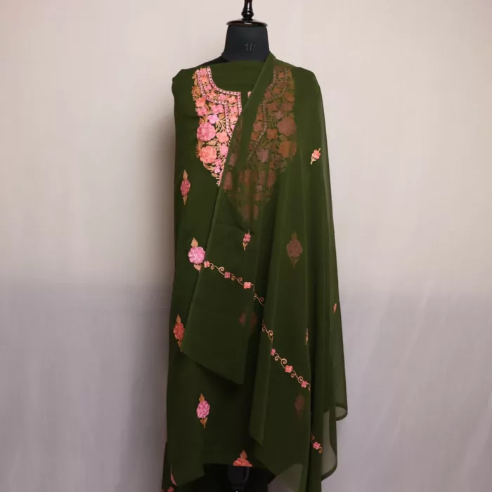 Forest Green Kashmiri Georgette Ladies Suit Unstitched with Aari Embroidery 2 jpg