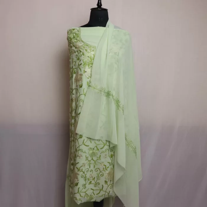pastle green Kashmiri Unstitched Georgette Ladies Suit with Aari Embroidery 1 jpg