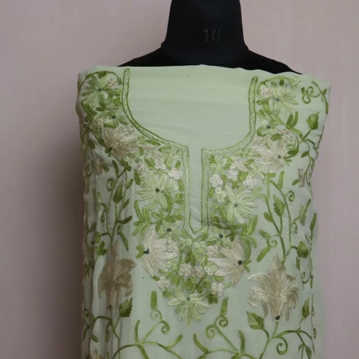pastle green Kashmiri Unstitched Georgette Ladies Suit with Aari Embroidery 2 jpg