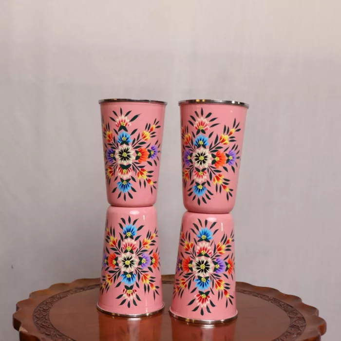 Pink Kashmiri Enamelware 4 Hand Painted Stainless Steel Glasses 2 jpg