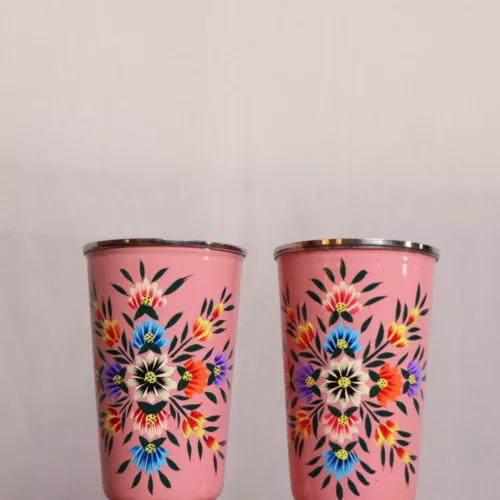 Pink Kashmiri Enamelware 4 Hand Painted Stainless Steel Glasses 3